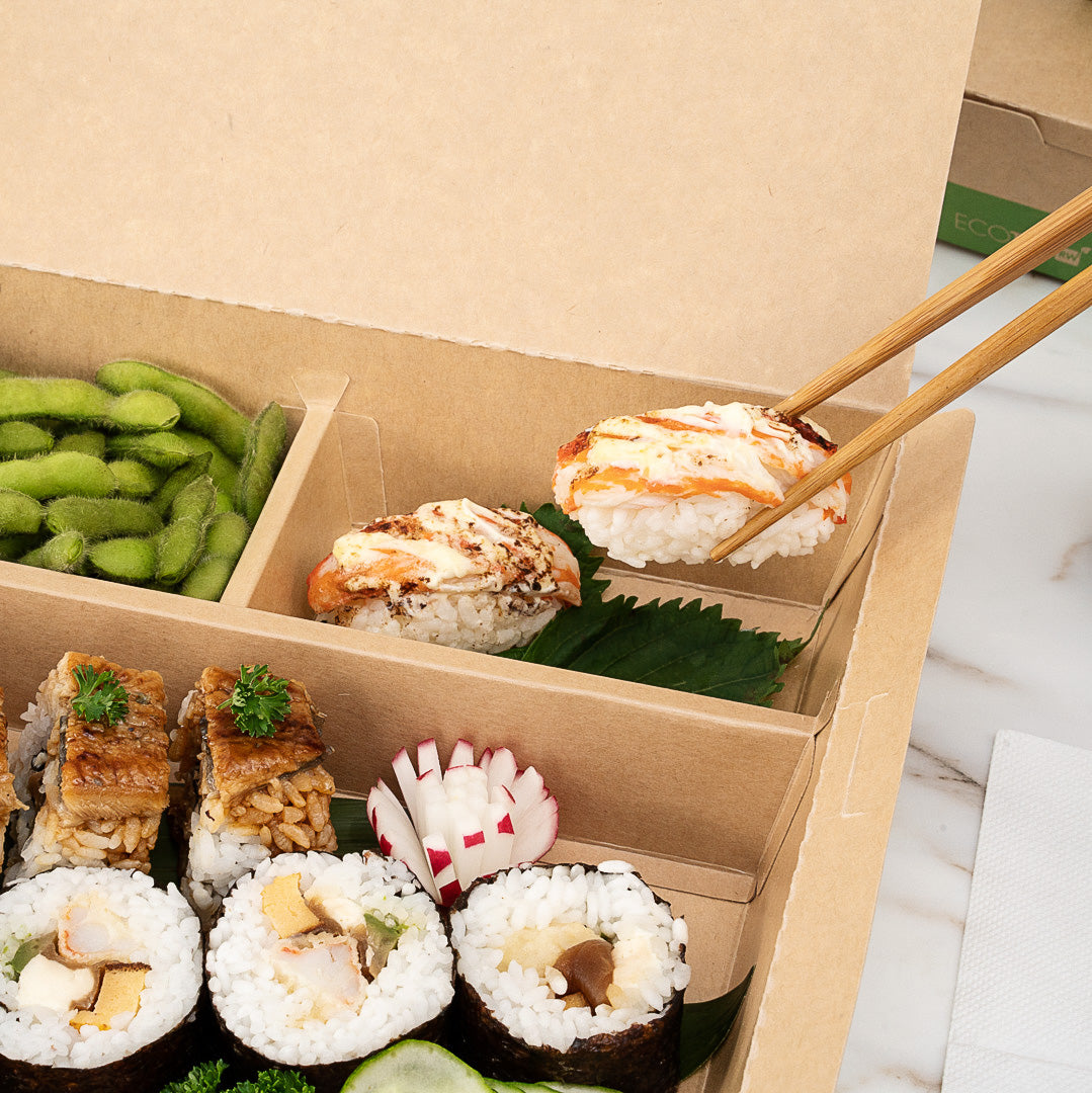 Eco Tek 78 oz Rectangle Kraft and Green Paper Bento Box - 3-Compartment, Compostable - 11" x 9" x 2" - 100 count box