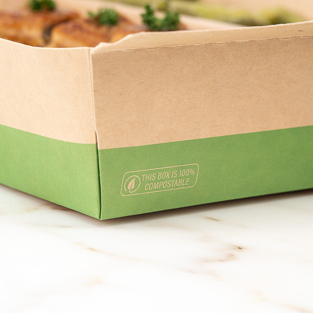 Eco Tek 78 oz Rectangle Kraft and Green Paper Bento Box - 3-Compartment, Compostable - 11" x 9" x 2" - 100 count box