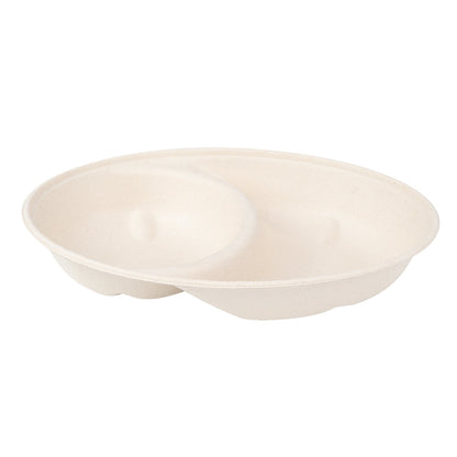 Pulp Tek 21 oz Oval Natural Sugarcane / Bagasse Catering Bowl - 2-Compartment - 9 1/4" x 6 1/2" x 1 1/2" - 100 count box