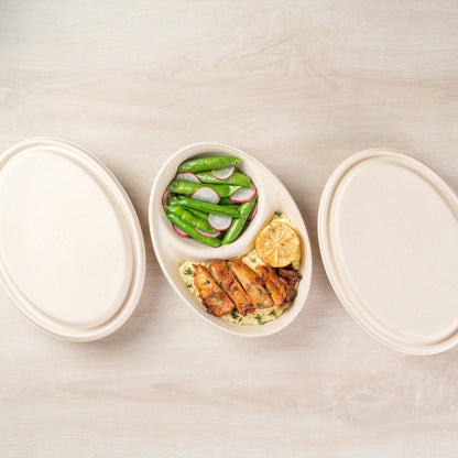 Pulp Tek 21 oz Oval Natural Sugarcane / Bagasse Catering Bowl - 2-Compartment - 9 1/4" x 6 1/2" x 1 1/2" - 100 count box