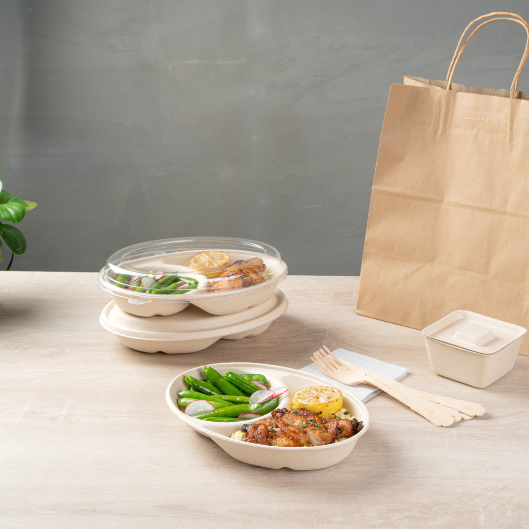 Pulp Tek 21 oz Oval Natural Sugarcane / Bagasse Catering Bowl - 2-Compartment - 9 1/4" x 6 1/2" x 1 1/2" - 100 count box