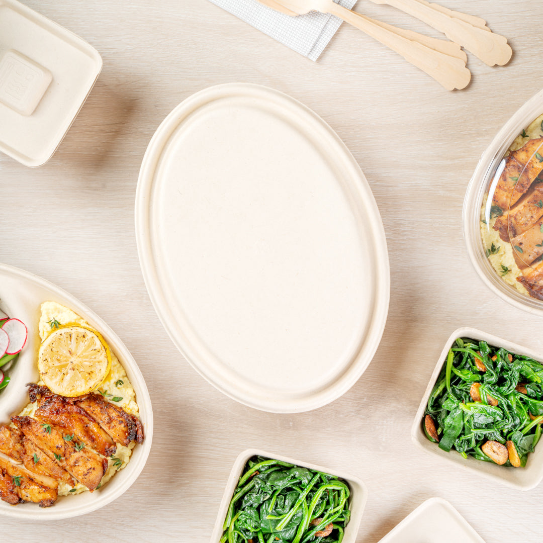 Pulp Tek Oval Natural Sugarcane / Bagasse Lid - Fits 2-Compartment Catering Bowl - 100 count box