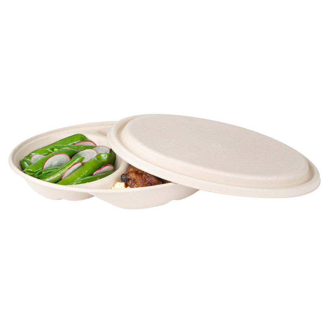 Pulp Tek Oval Natural Sugarcane / Bagasse Lid - Fits 2-Compartment Catering Bowl - 100 count box