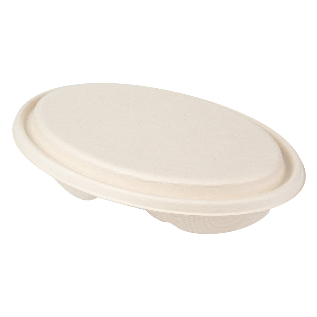 Pulp Tek Oval Natural Sugarcane / Bagasse Lid - Fits 2-Compartment Catering Bowl - 100 count box
