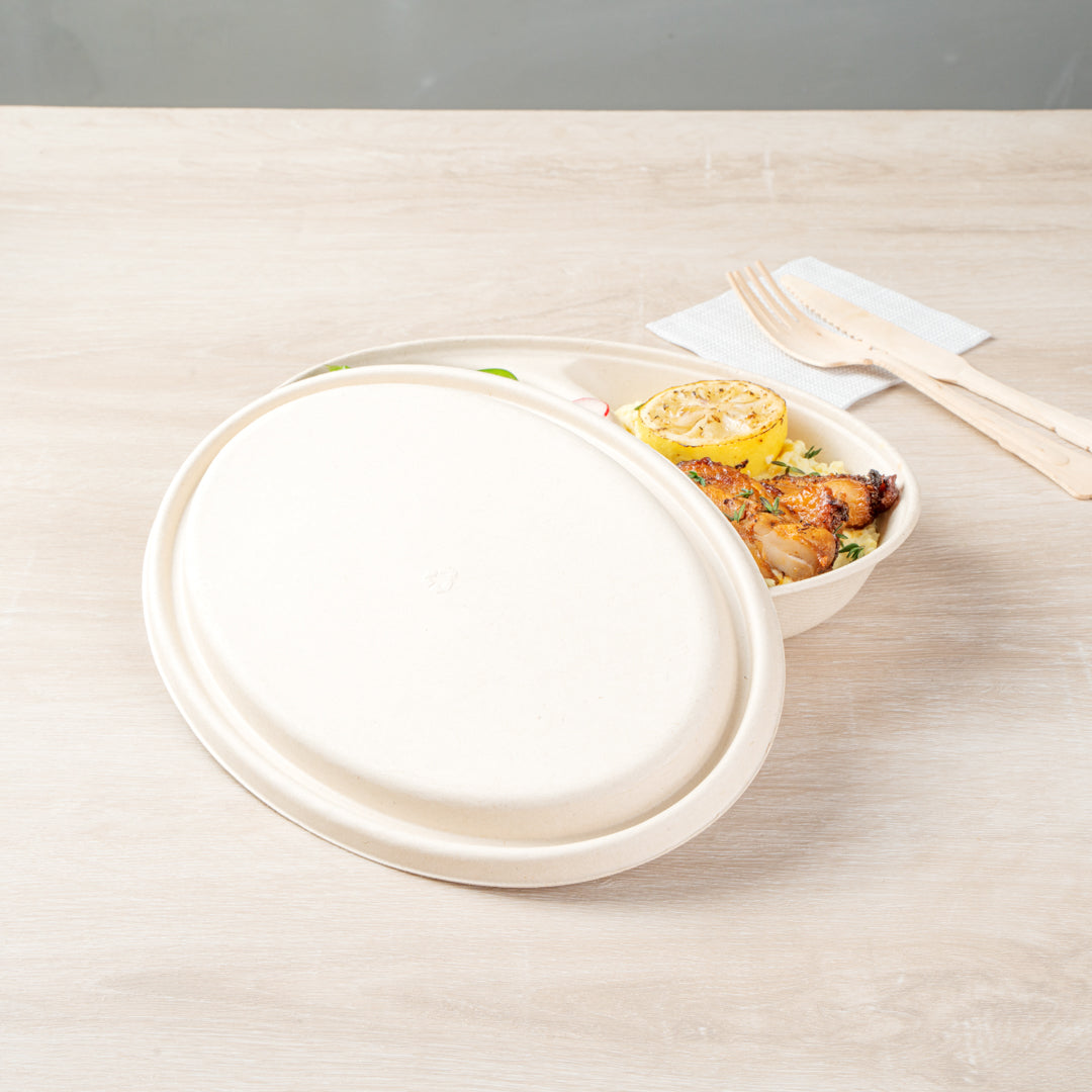 Pulp Tek Oval Natural Sugarcane / Bagasse Lid - Fits 2-Compartment Catering Bowl - 100 count box
