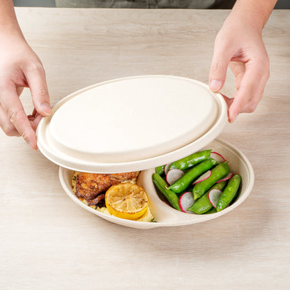 Pulp Tek Oval Natural Sugarcane / Bagasse Lid - Fits 2-Compartment Catering Bowl - 100 count box