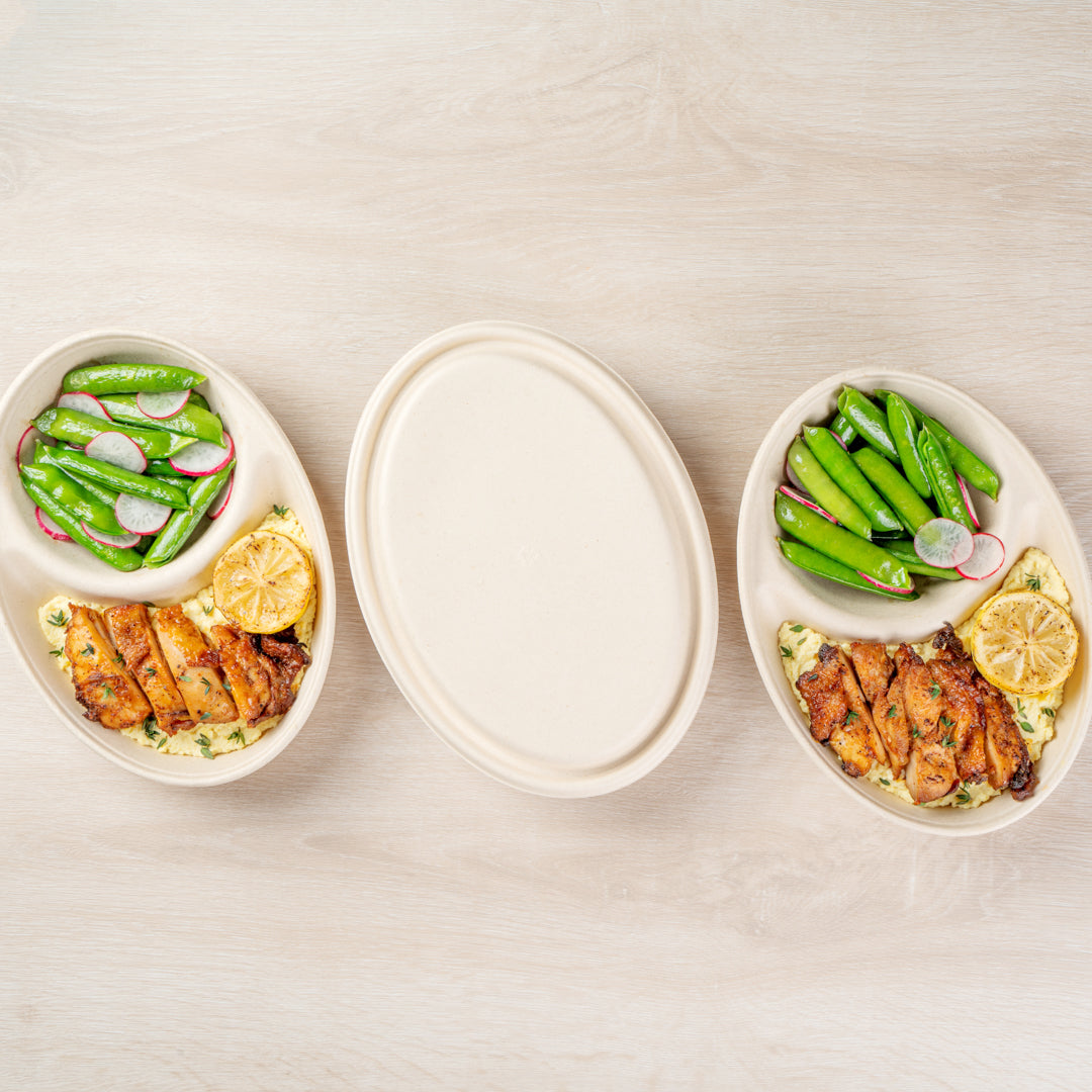 Pulp Tek Oval Natural Sugarcane / Bagasse Lid - Fits 2-Compartment Catering Bowl - 100 count box