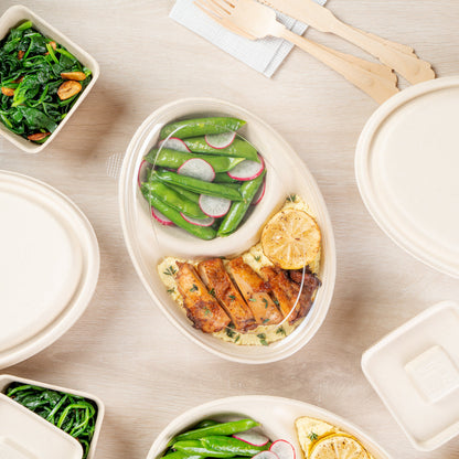 Pulp Tek Oval Clear Plastic Lid - Fits 2-Compartment Bagasse Catering Bowl - 100 count box