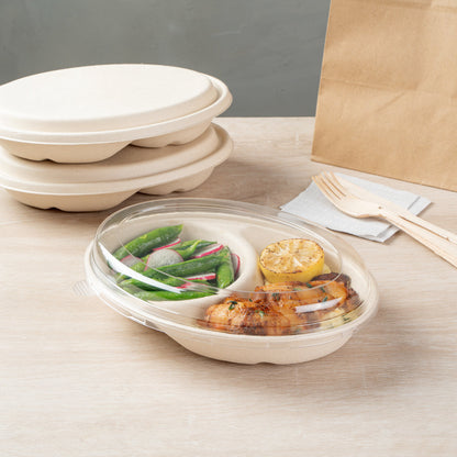 Pulp Tek Oval Clear Plastic Lid - Fits 2-Compartment Bagasse Catering Bowl - 100 count box