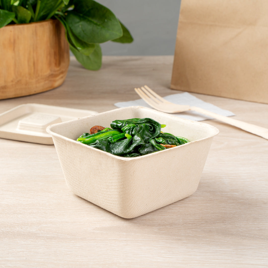 Pulp Tek 9 oz Square Natural Sugarcane / Bagasse Bowl - 3 3/4" x 3 3/4" x 2" - 100 count box