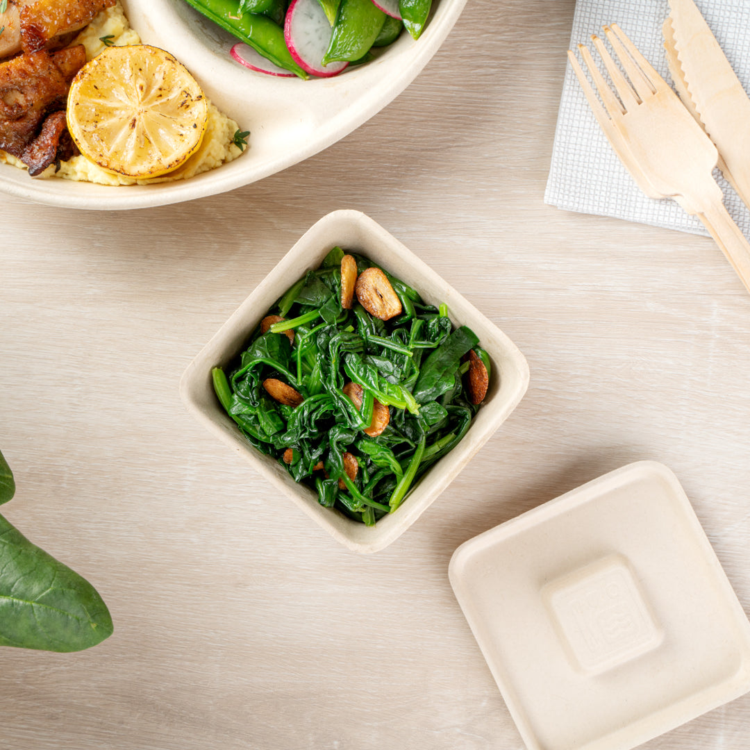 Pulp Tek 9 oz Square Natural Sugarcane / Bagasse Bowl - 3 3/4" x 3 3/4" x 2" - 100 count box
