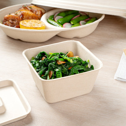 Pulp Tek 9 oz Square Natural Sugarcane / Bagasse Bowl - 3 3/4" x 3 3/4" x 2" - 100 count box