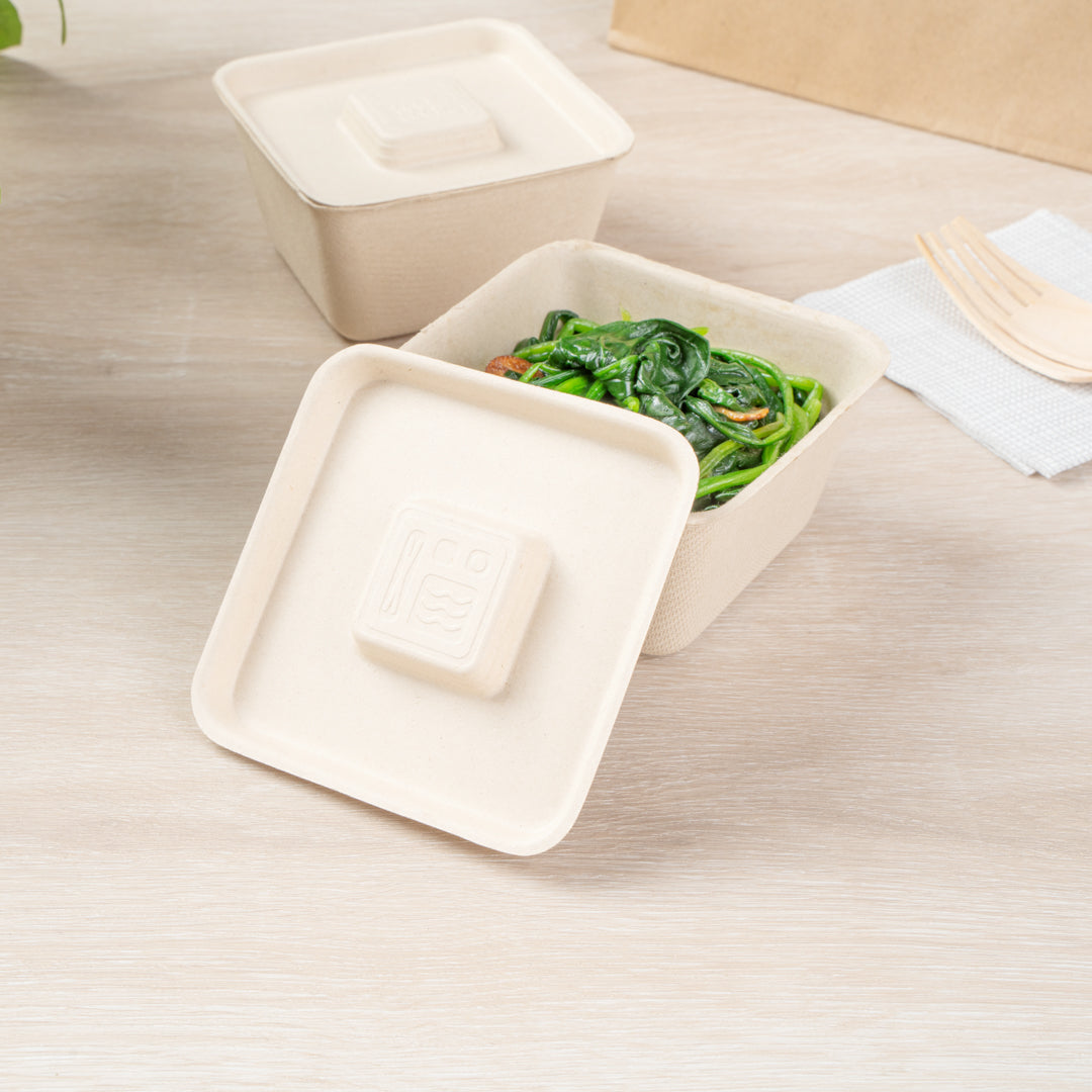 Pulp Tek Square Natural Sugarcane / Bagasse Flat Lid - Fits 9 oz Bowl - 100 count box