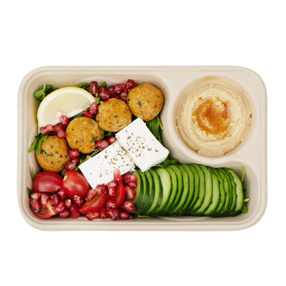 Pulp Tek 34 oz Rectangle Natural Sugarcane / Bagasse To Go Container - 2-Compartment - 9 1/2" x 6 1/4" x 1 3/4" - 100 count box