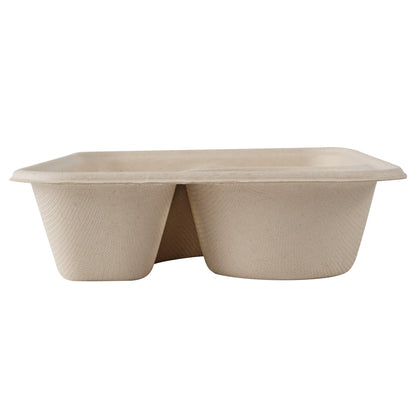 Pulp Tek 34 oz Rectangle Natural Sugarcane / Bagasse To Go Container - 2-Compartment - 9 1/2" x 6 1/4" x 1 3/4" - 100 count box