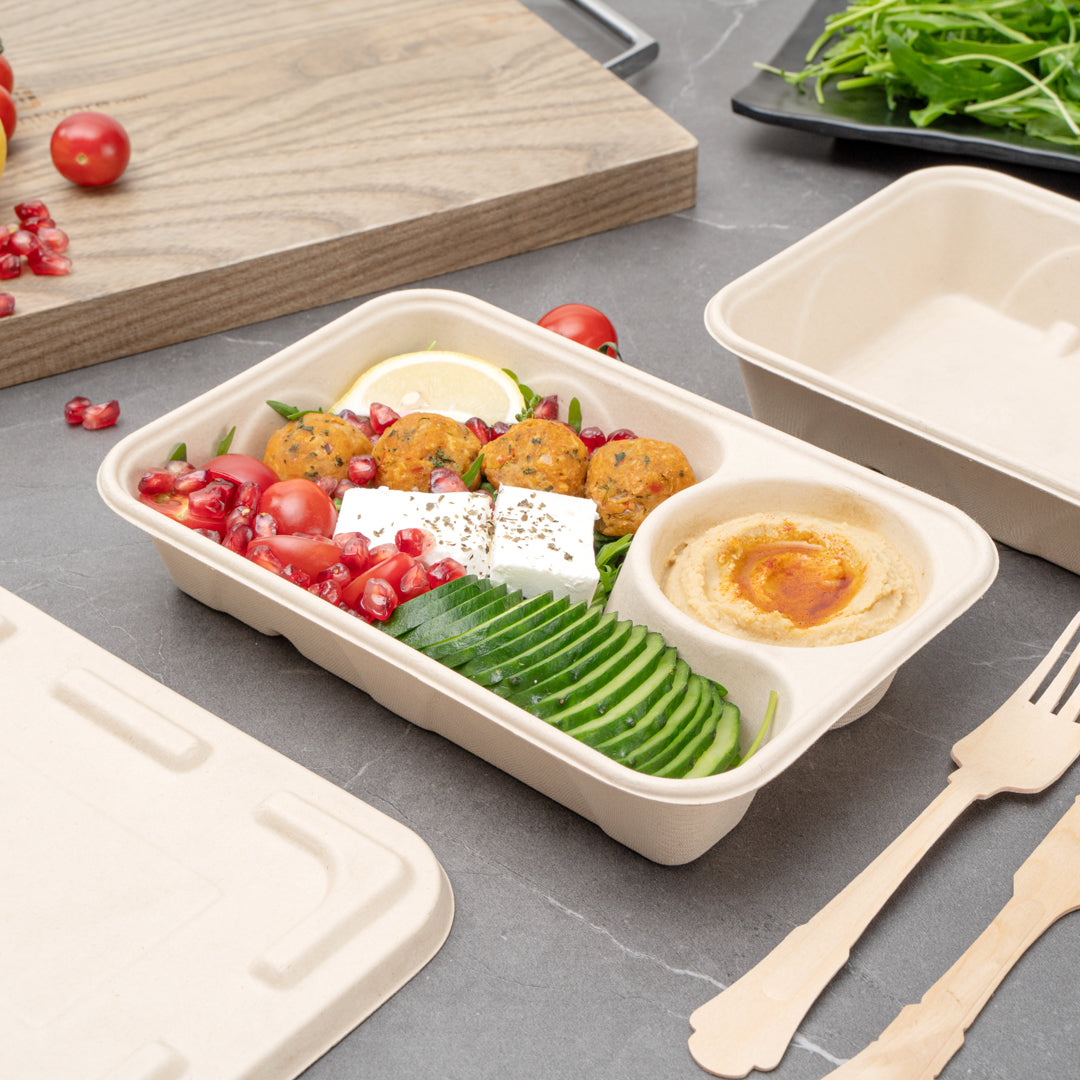 Pulp Tek 34 oz Rectangle Natural Sugarcane / Bagasse To Go Container - 2-Compartment - 9 1/2" x 6 1/4" x 1 3/4" - 100 count box