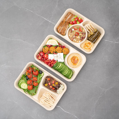 Pulp Tek 34 oz Rectangle Natural Sugarcane / Bagasse To Go Container - 2-Compartment - 9 1/2" x 6 1/4" x 1 3/4" - 100 count box