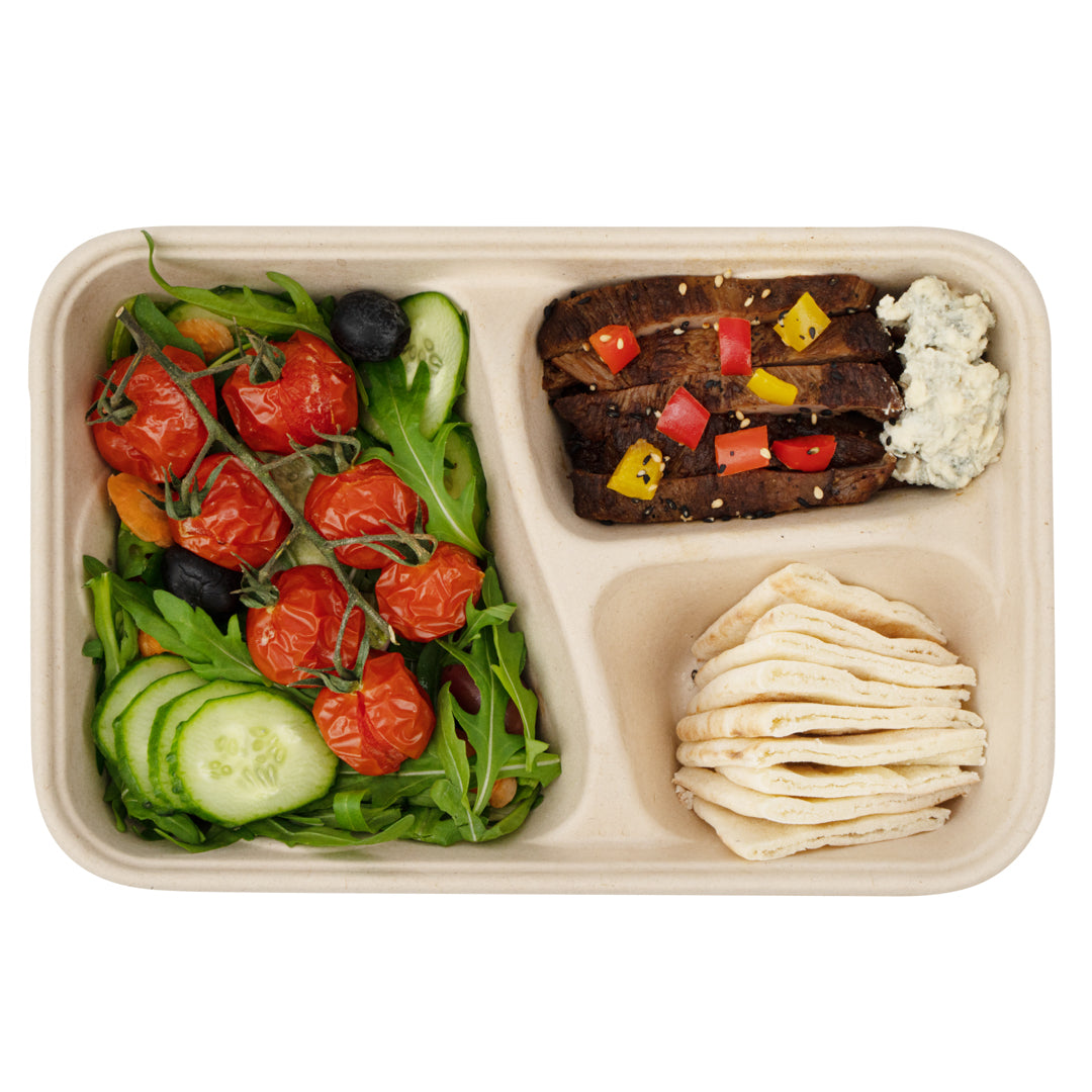 Pulp Tek 30 oz Rectangle Natural Sugarcane / Bagasse To Go Container - 3-Compartment - 9 1/2" x 6 1/4" x 1 3/4" - 100 count box