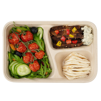 Pulp Tek 30 oz Rectangle Natural Sugarcane / Bagasse To Go Container - 3-Compartment - 9 1/2" x 6 1/4" x 1 3/4" - 100 count box