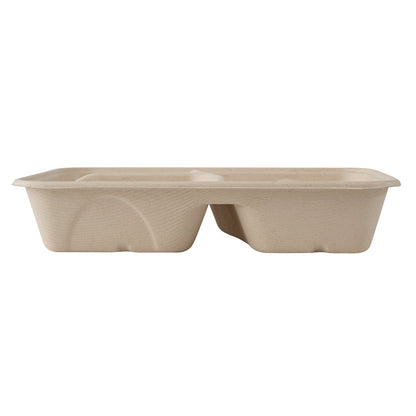 Pulp Tek 30 oz Rectangle Natural Sugarcane / Bagasse To Go Container - 3-Compartment - 9 1/2" x 6 1/4" x 1 3/4" - 100 count box