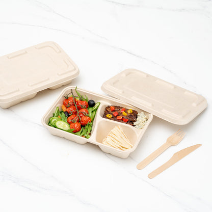 Pulp Tek 30 oz Rectangle Natural Sugarcane / Bagasse To Go Container - 3-Compartment - 9 1/2" x 6 1/4" x 1 3/4" - 100 count box