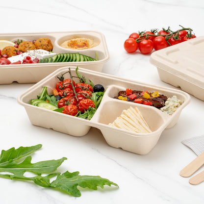 Pulp Tek 30 oz Rectangle Natural Sugarcane / Bagasse To Go Container - 3-Compartment - 9 1/2" x 6 1/4" x 1 3/4" - 100 count box