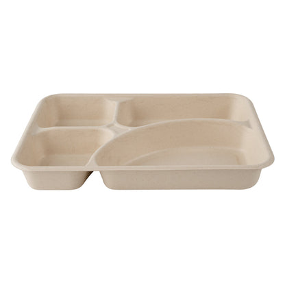 Pulp Tek 43 oz Rectangle Natural Sugarcane / Bagasse To Go Tray - 4-Compartment - 11" x 8 1/2" x 1 1/2" - 100 count box