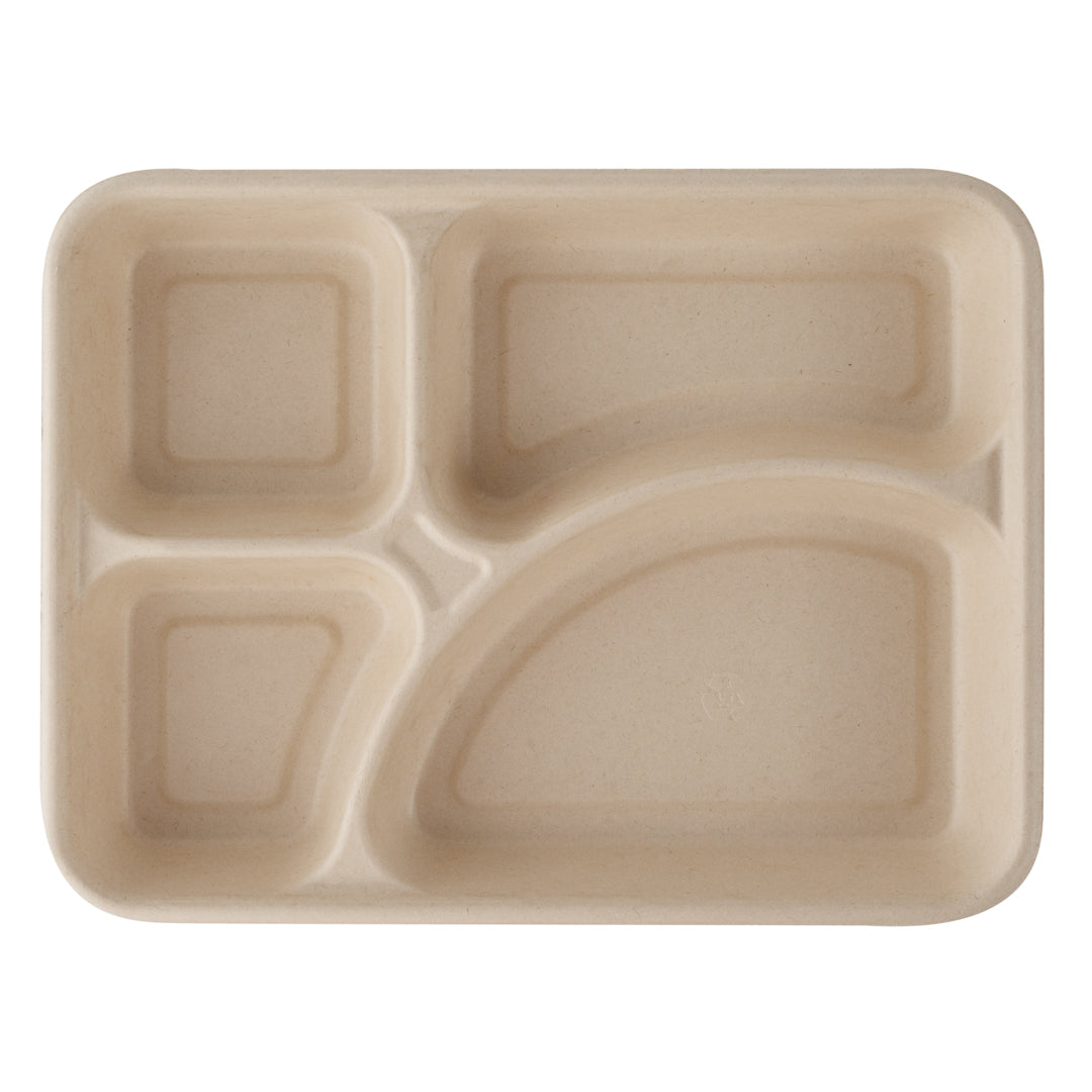 Pulp Tek 43 oz Rectangle Natural Sugarcane / Bagasse To Go Tray - 4-Compartment - 11" x 8 1/2" x 1 1/2" - 100 count box