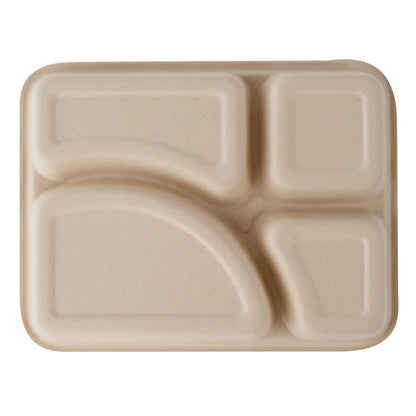 Pulp Tek 43 oz Rectangle Natural Sugarcane / Bagasse To Go Tray - 4-Compartment - 11" x 8 1/2" x 1 1/2" - 100 count box
