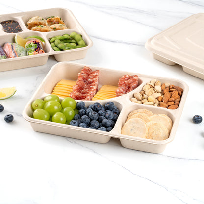 Pulp Tek 43 oz Rectangle Natural Sugarcane / Bagasse To Go Tray - 4-Compartment - 11" x 8 1/2" x 1 1/2" - 100 count box