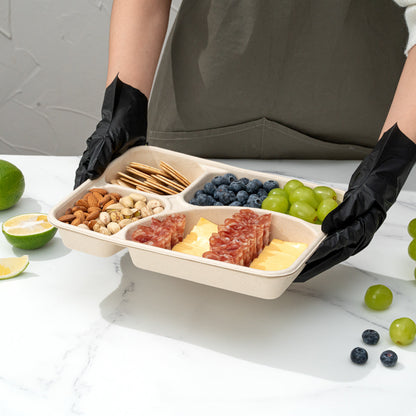 Pulp Tek 43 oz Rectangle Natural Sugarcane / Bagasse To Go Tray - 4-Compartment - 11" x 8 1/2" x 1 1/2" - 100 count box