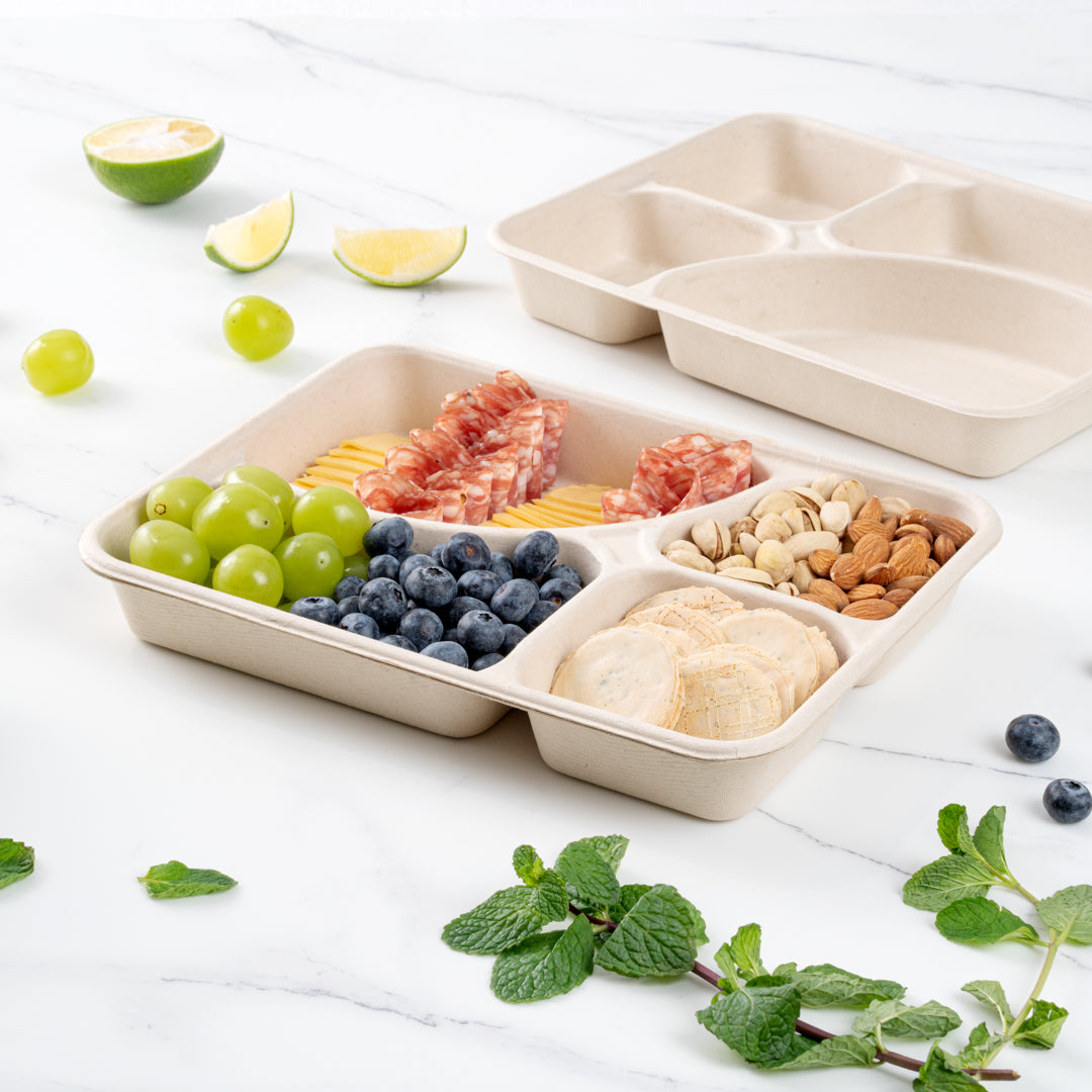 Pulp Tek 43 oz Rectangle Natural Sugarcane / Bagasse To Go Tray - 4-Compartment - 11" x 8 1/2" x 1 1/2" - 100 count box