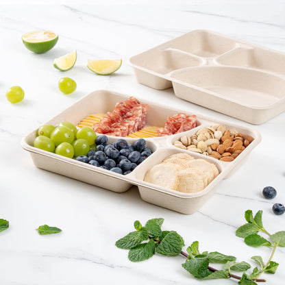 Pulp Tek 43 oz Rectangle Natural Sugarcane / Bagasse To Go Tray - 4-Compartment - 11" x 8 1/2" x 1 1/2" - 100 count box