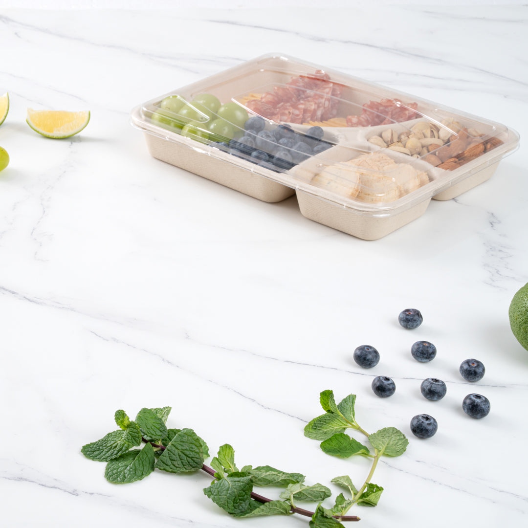 Pulp Tek 43 oz Rectangle Natural Sugarcane / Bagasse To Go Tray - 4-Compartment - 11" x 8 1/2" x 1 1/2" - 100 count box