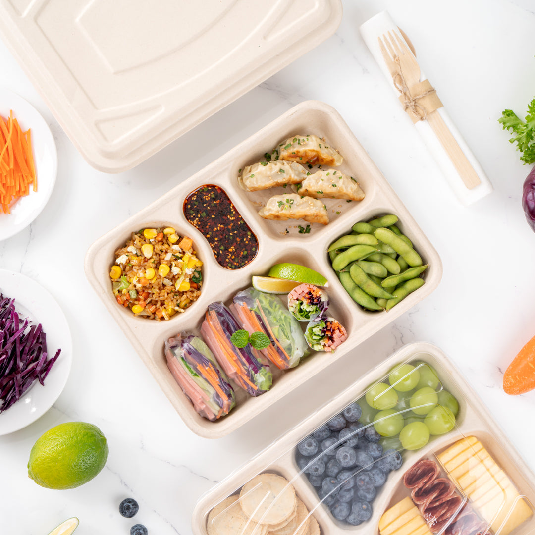 Pulp Tek 43 oz Rectangle Natural Bagasse To Go Tray - 5-Compartment - 11" x 8 1/2" x 1 1/2" - 100 count box