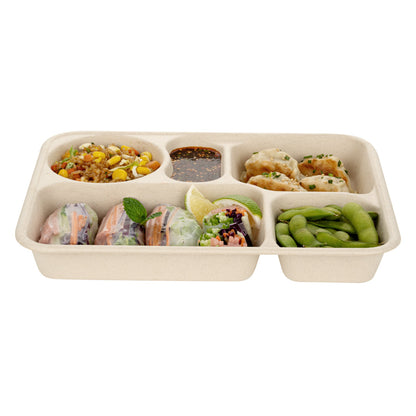 Pulp Tek 43 oz Rectangle Natural Bagasse To Go Tray - 5-Compartment - 11" x 8 1/2" x 1 1/2" - 100 count box