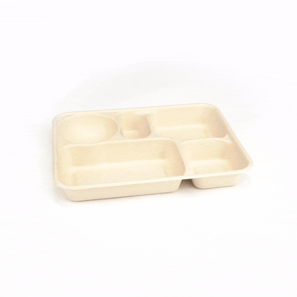 Pulp Tek 43 oz Rectangle Natural Bagasse To Go Tray - 5-Compartment - 11" x 8 1/2" x 1 1/2" - 100 count box