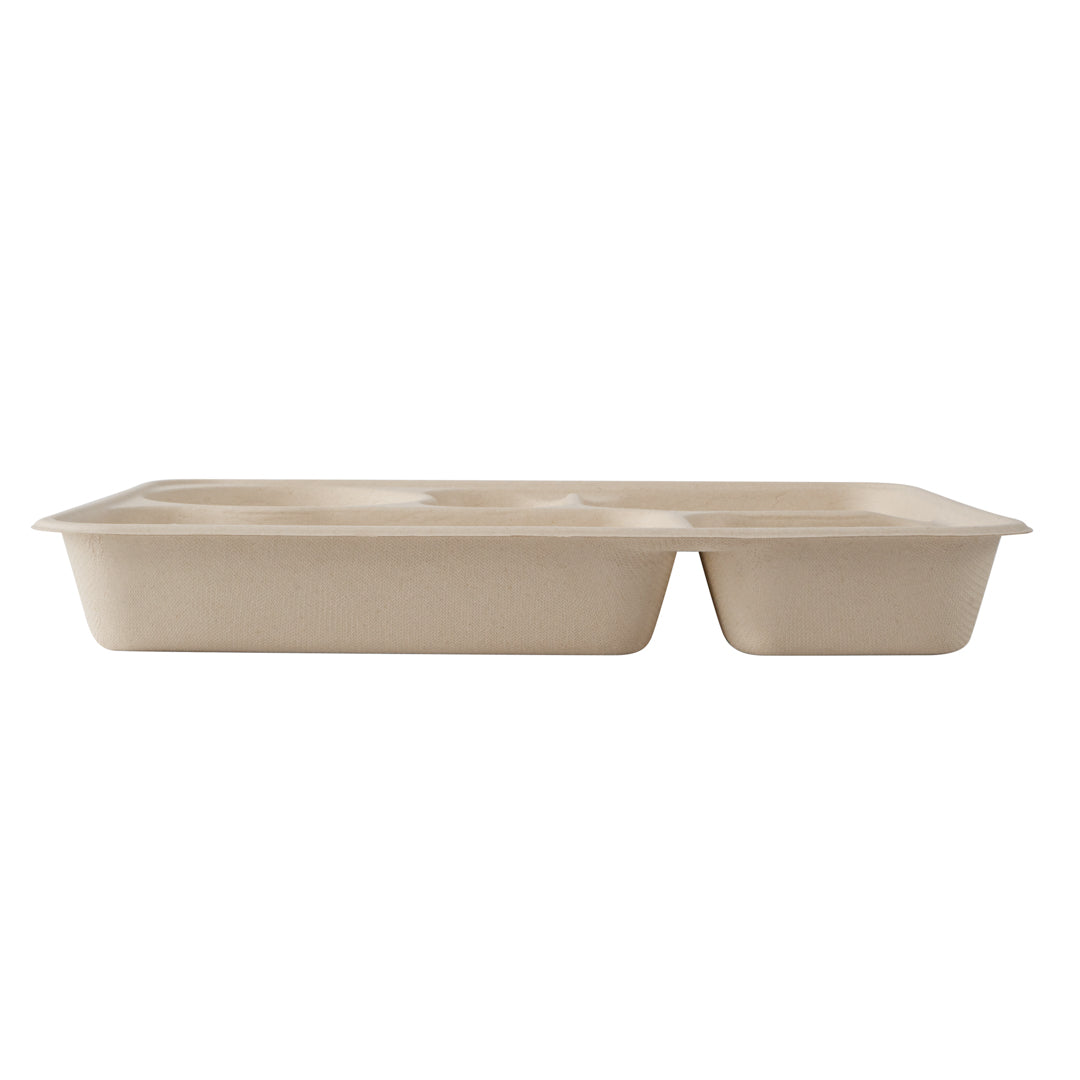 Pulp Tek 43 oz Rectangle Natural Bagasse To Go Tray - 5-Compartment - 11" x 8 1/2" x 1 1/2" - 100 count box