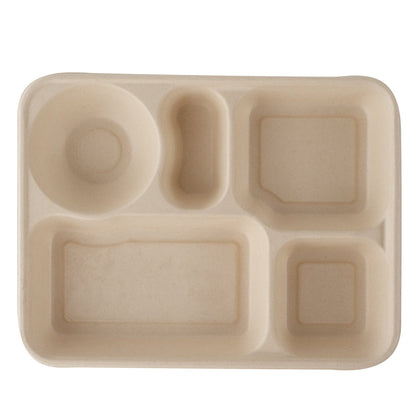 Pulp Tek 43 oz Rectangle Natural Bagasse To Go Tray - 5-Compartment - 11" x 8 1/2" x 1 1/2" - 100 count box