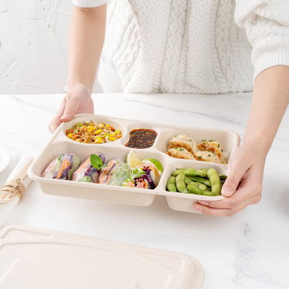 Pulp Tek 43 oz Rectangle Natural Bagasse To Go Tray - 5-Compartment - 11" x 8 1/2" x 1 1/2" - 100 count box