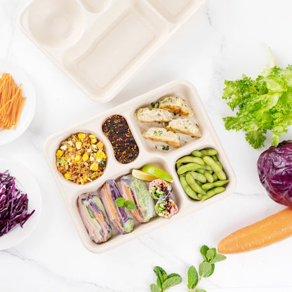 Pulp Tek 43 oz Rectangle Natural Bagasse To Go Tray - 5-Compartment - 11" x 8 1/2" x 1 1/2" - 100 count box