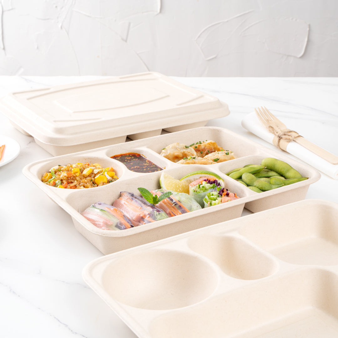 Pulp Tek 43 oz Rectangle Natural Bagasse To Go Tray - 5-Compartment - 11" x 8 1/2" x 1 1/2" - 100 count box