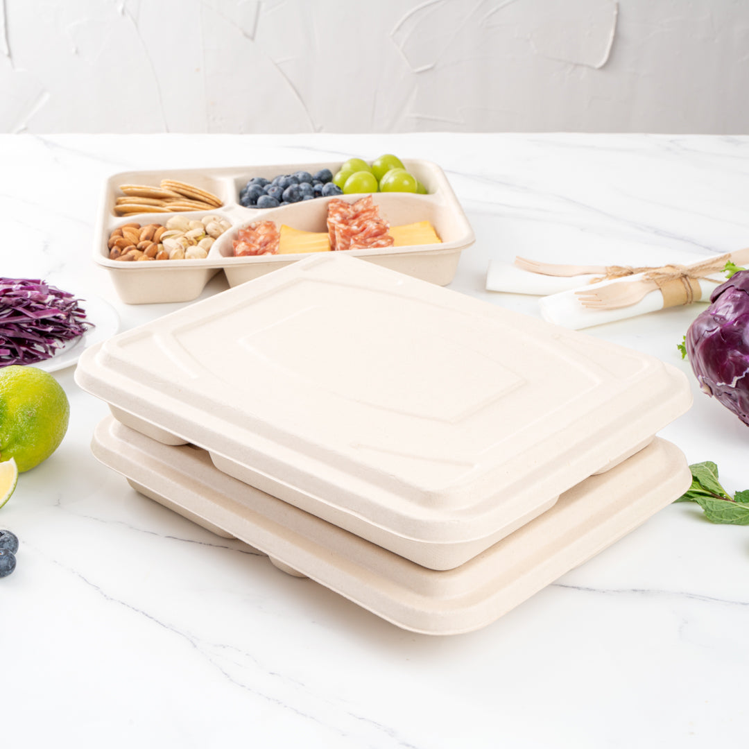 Pulp Tek Rectangle Natural Bagasse Flat Lid - Fits To Go Trays - 100 count box
