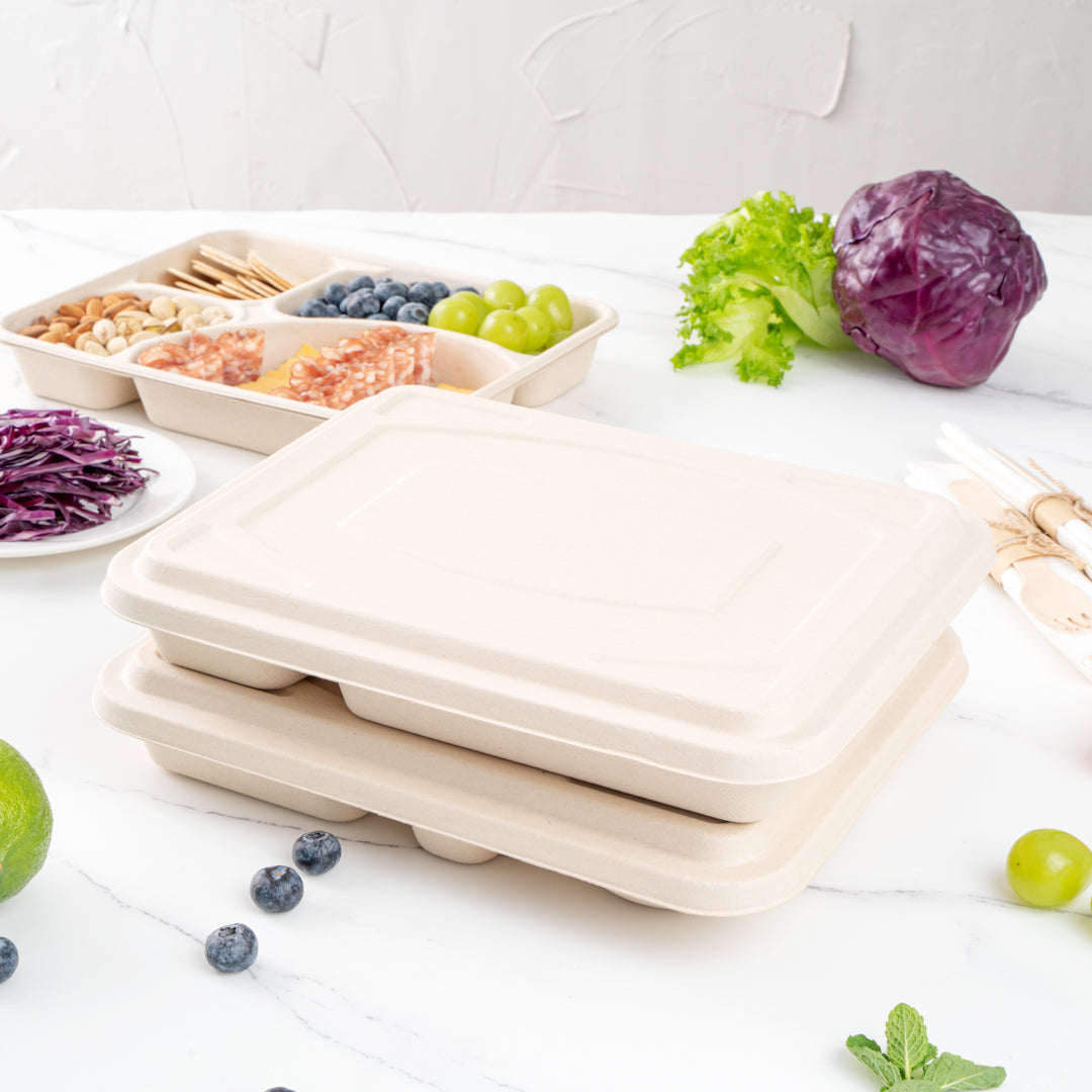 Pulp Tek Rectangle Natural Bagasse Flat Lid - Fits To Go Trays - 100 count box