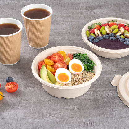 Pulp Tek 30 oz Round Natural Sugarcane / Bagasse To Go Bowl - 7" x 7" x 2 1/2" - 100 count box