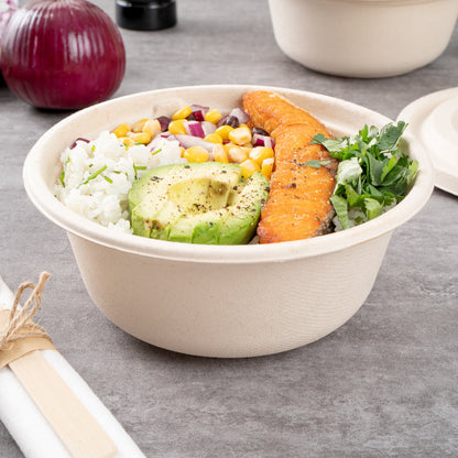 Pulp Tek 37 oz Round Natural Sugarcane / Bagasse To Go Bowl - 7" x 7" x 3" - 100 count box
