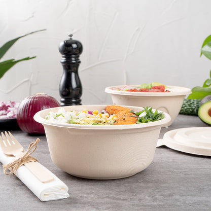 Pulp Tek 37 oz Round Natural Sugarcane / Bagasse To Go Bowl - 7" x 7" x 3" - 100 count box