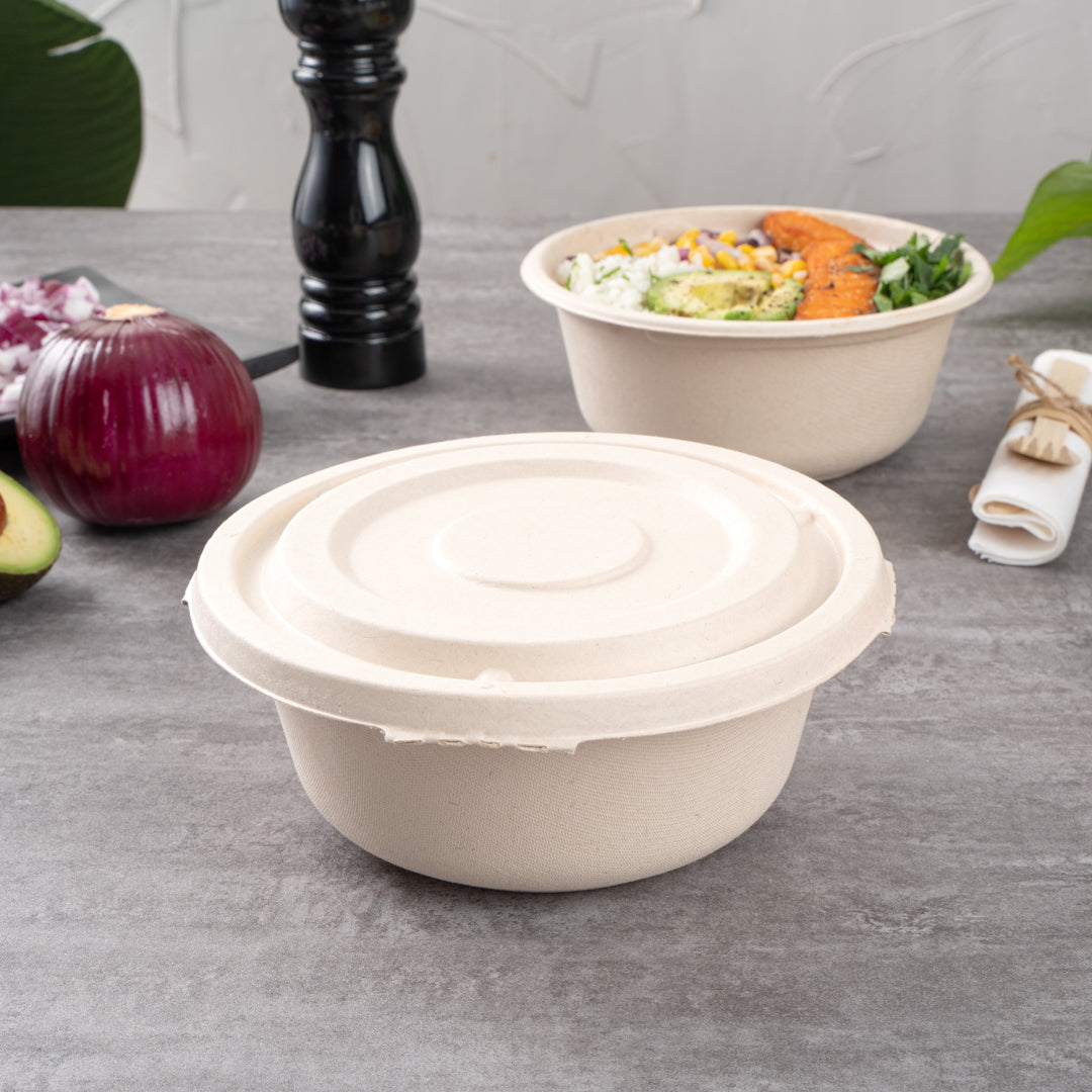 Pulp Tek Round Natural Sugarcane / Bagasse Flat Lid - Fits To Go Bowl - 100 count box