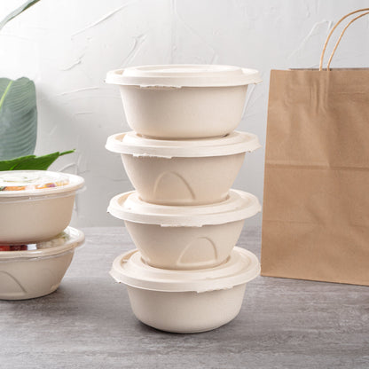 Pulp Tek Round Natural Sugarcane / Bagasse Flat Lid - Fits To Go Bowl - 100 count box