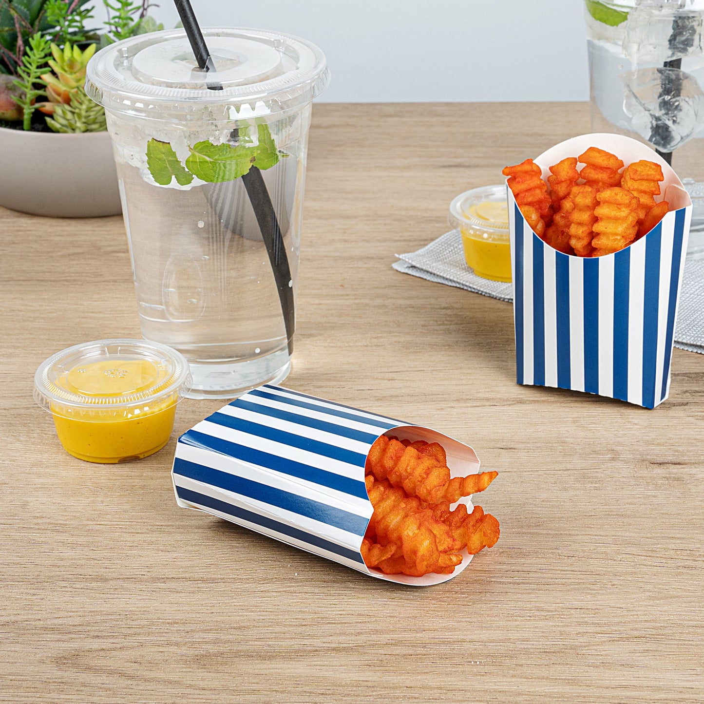 Bio Tek 2 oz Blue and White Stripe Paper Fry Cup / Snack Container - 4" x 2 3/4" x 3 1/2" - 100 count box